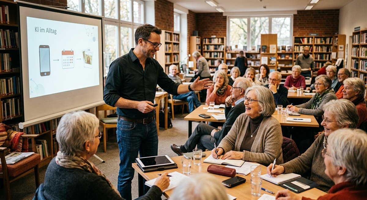 Ruhige Planungsszene für ein KI-Angebot in Bibliothek, Volkshochschule oder Gemeinde