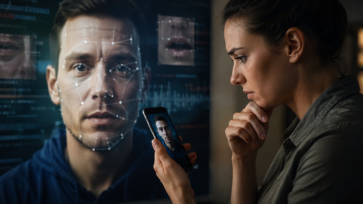 Ruhige Sicherheitsdarstellung als Symbol für das Erkennen von KI-Betrug und Deepfakes