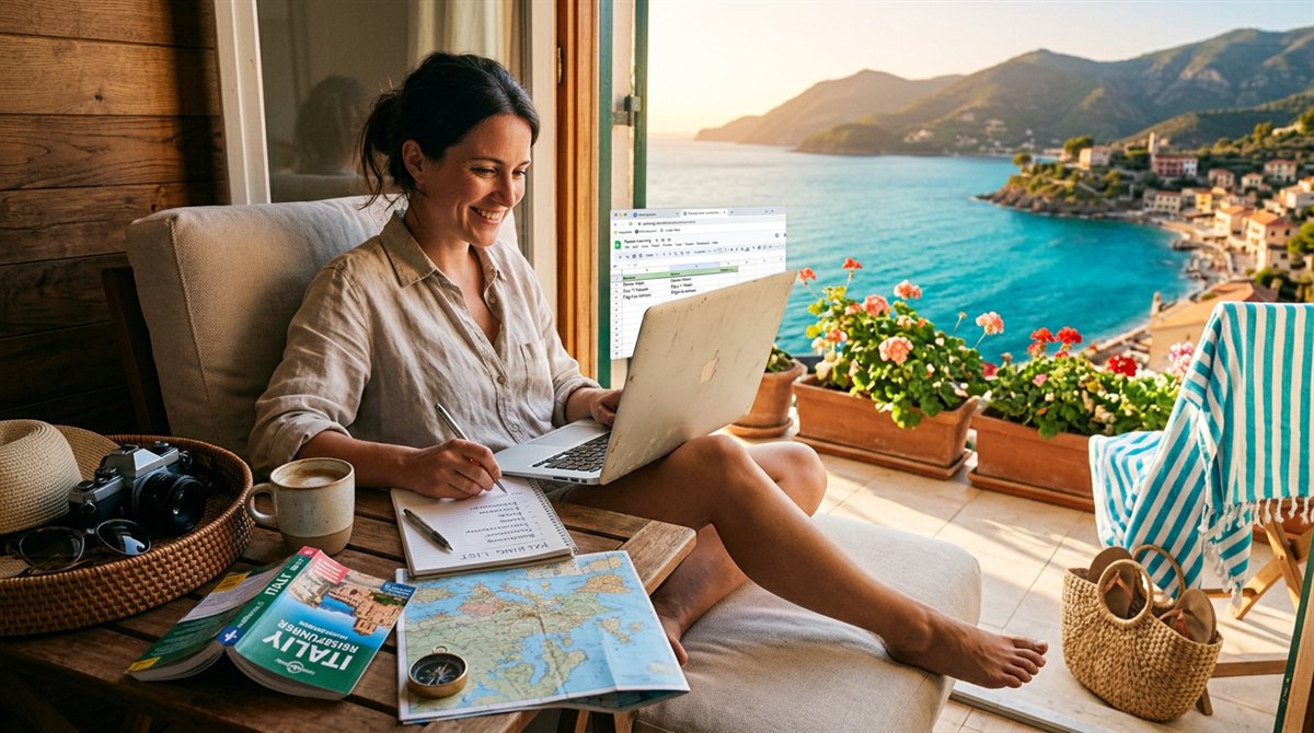 Reiseplanung mit Notizen und Gepäckliste als ruhiges Symbol für KI-Unterstützung im Urlaub